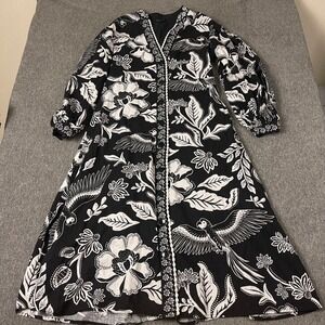 Christian Lacroix Black White Floral Parrot Button Down Maxi Dress Large‎ Boho